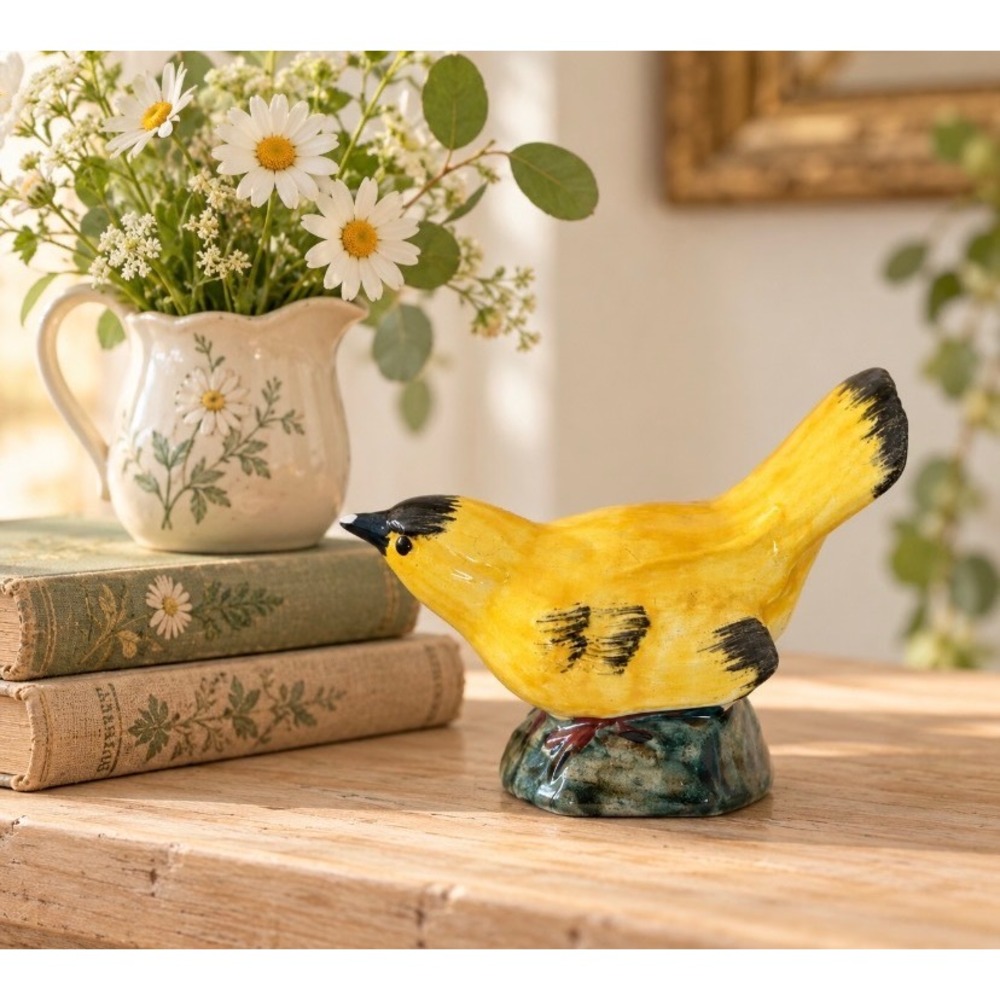 Stangl Pottery Yellow Bird Figurine Black Accents Cottagecore Decor Chipped Beak